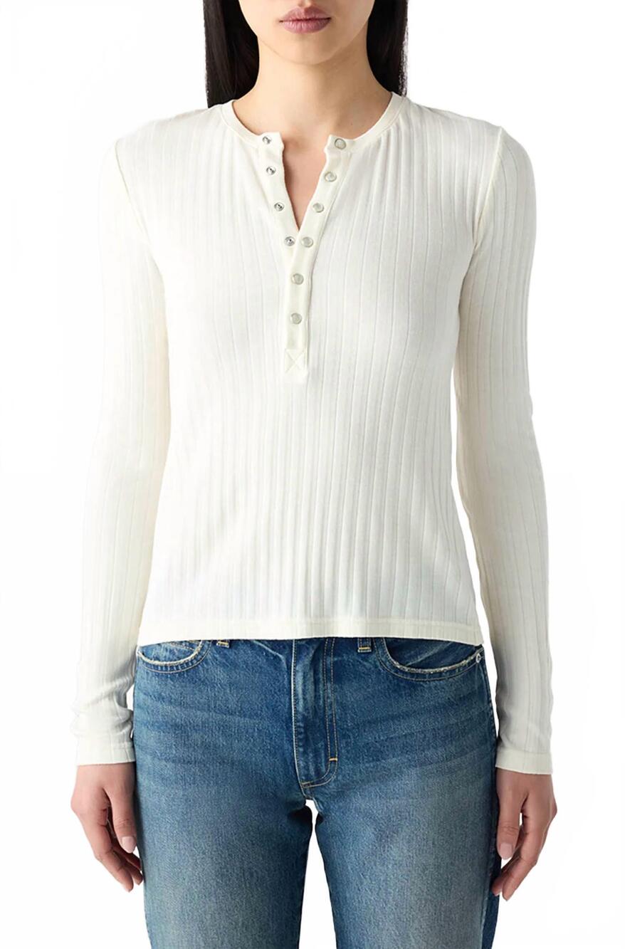 NEW AMO lottie fitted ribbed henley top in bone
